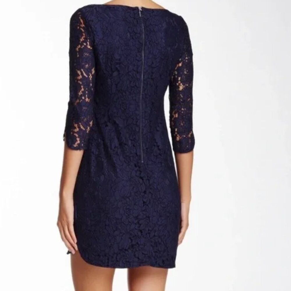 Vince Camuto Navy Lace Overlay Shirttail Hem Shift Designer Dress - Picture 3 of 8